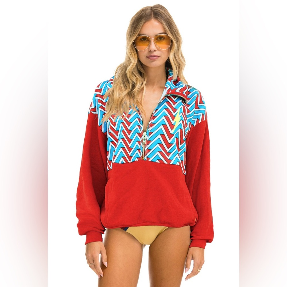Aviator Nation Geo Zig Bolt Embroidery Fleece Half Zip Color Block Sweatshirt